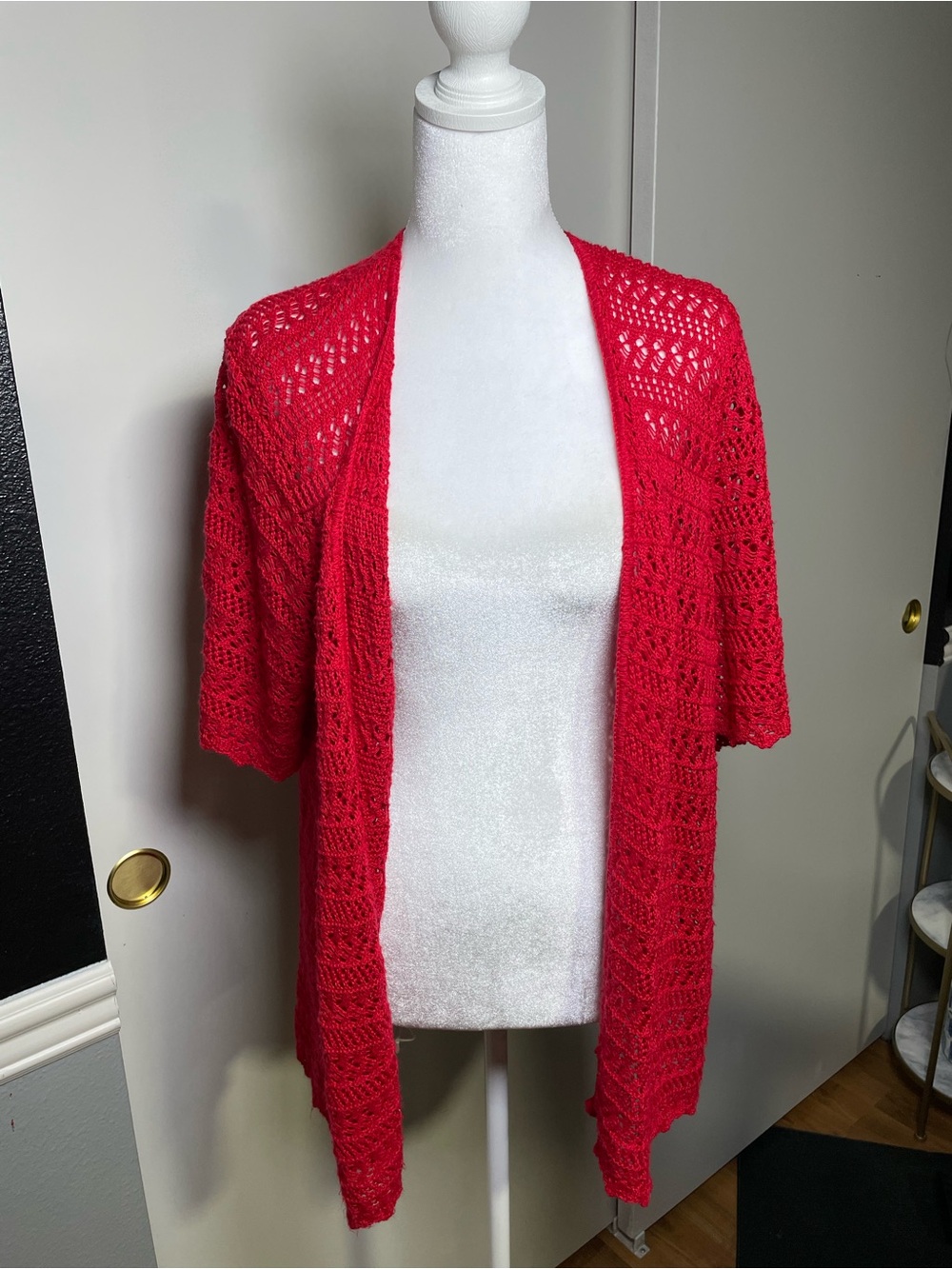 CJ Banks Red Open-Front Crochet Cardigan
